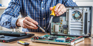 Technician performing computer maintenance and system diagnostics to improve performance, prevent errors, and ensure reliable operation for home and business users.