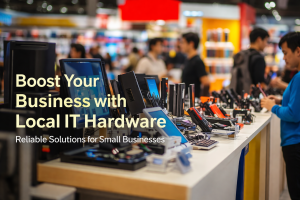 Electronics store displaying various IT hardware, including desktops and laptops, highlighting computer sales in Edgware by local suppliers like Albion Computers.